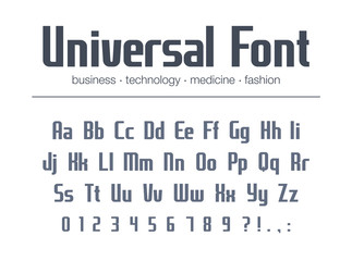 Universal font for business headline text. Condensed, narrow alphabet. Technology typography style. Media, fashion, medicine geometric logo design. Modern poster typeface with vector letters, numbers