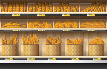 Different kinds of bread display on shelf in supermarket , vector , illustration