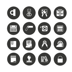 office supply and stationery icon set in circle buttons
