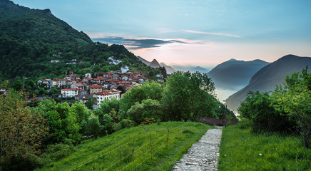 Village of Br&egrave;. Switzerland, May 12, 2018. Beautiful view from Monte Br&egrave; Mountain of village in the early morning.