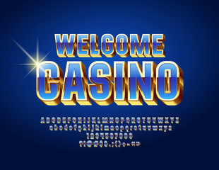 Vector Chic Sign Welcome Casino. Set of Blue and Gold Letters, Numbers and Symbols. Royal 3D Font.