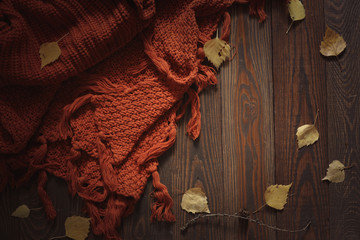 Cozy autumn background with knitted scarf on wood