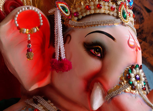 
Closeup of Hindu elephant headed God Ganesha Idol during Ganesha Chathurthi