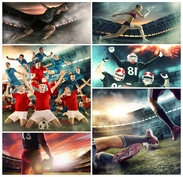 Irresistible in attack. Multi sports collage about soccer, American football players and fit running woman and man. Conceptual photo with running athletes in motion or movement at stadium with sand