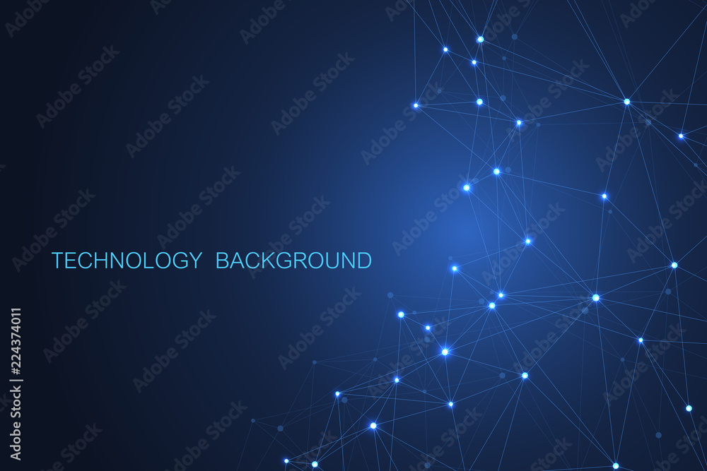 Poster abstract futuristic background. molecules technology with polygonal shapes on dark blue background. 