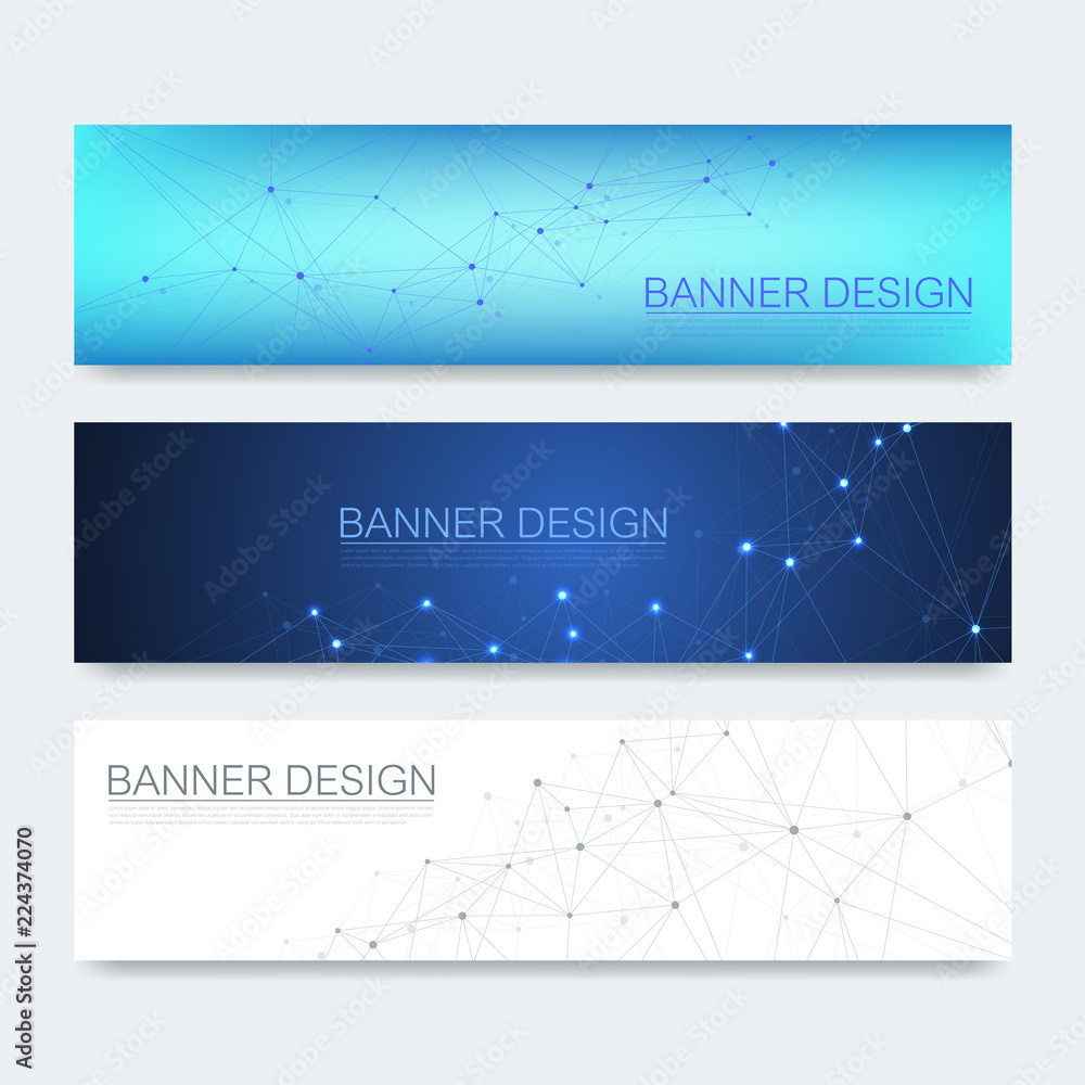 Fototapete Abstract molecules banners set with lines, dots, circles, polygons. Vector design network communication background. Futuristic digital science technology concept for web banner template or brochure.