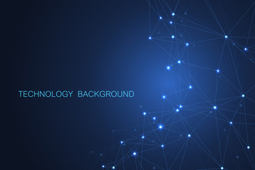 Abstract futuristic background. Molecules technology with polygonal shapes on dark blue background. Digital technology design concept, scientific vector Illustration.