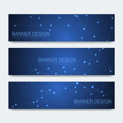 Fototapeta na wymiar Abstract molecules banners set with lines, dots, circles, polygons. Vector design network communication background. Futuristic digital science technology concept for web banner template or brochure.