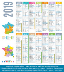 Naklejka premium 2019-Calendrier 14 mois-Carte régions et académies-1