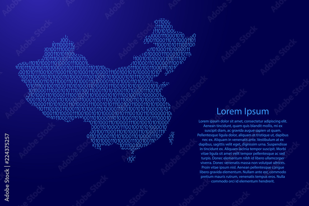 Fototapete china map abstract schematic from blue ones and zeros binary digital code with space stars for banne