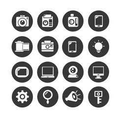 electronic device icon set in circle buttons