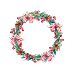 Watercolor Christmas wreath of fir branches, ribbon bows and red berries on a white background