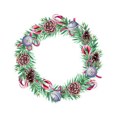 Watercolor holiday wreath of fir branches, pine cones and lollipops on a white background