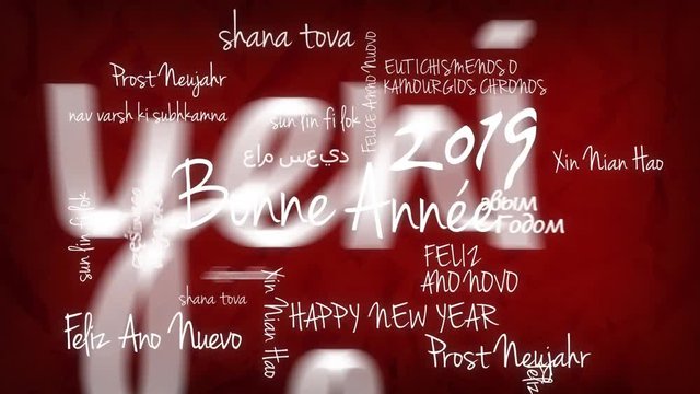 Bonne Ann&eacute;e 2019 nuage de mots texte carte de voeux animation fond rouge 