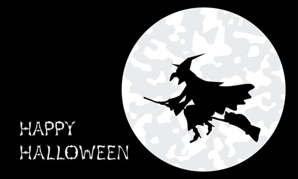 Silhouette of a witch flying on her broom with a cat in halloween on a full moon night.