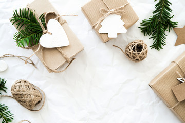 Christmas and New Year holiday background. Xmas greeting card. Christmas gifts on white background top view. Flat lay