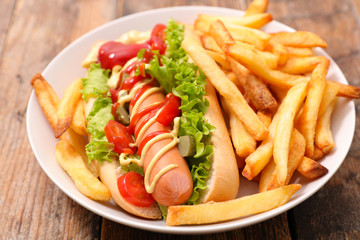 hot dog, sausage and french fries