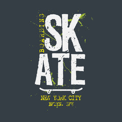 Sk8 skateboarding sport typographyy. T-shirt print, poster, banner, postcard, flyer. Grunge style. Elements for design.