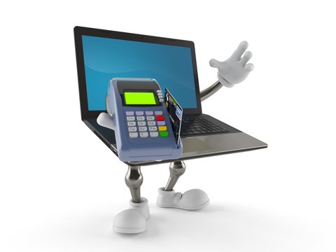 Laptop character holding credit card reader