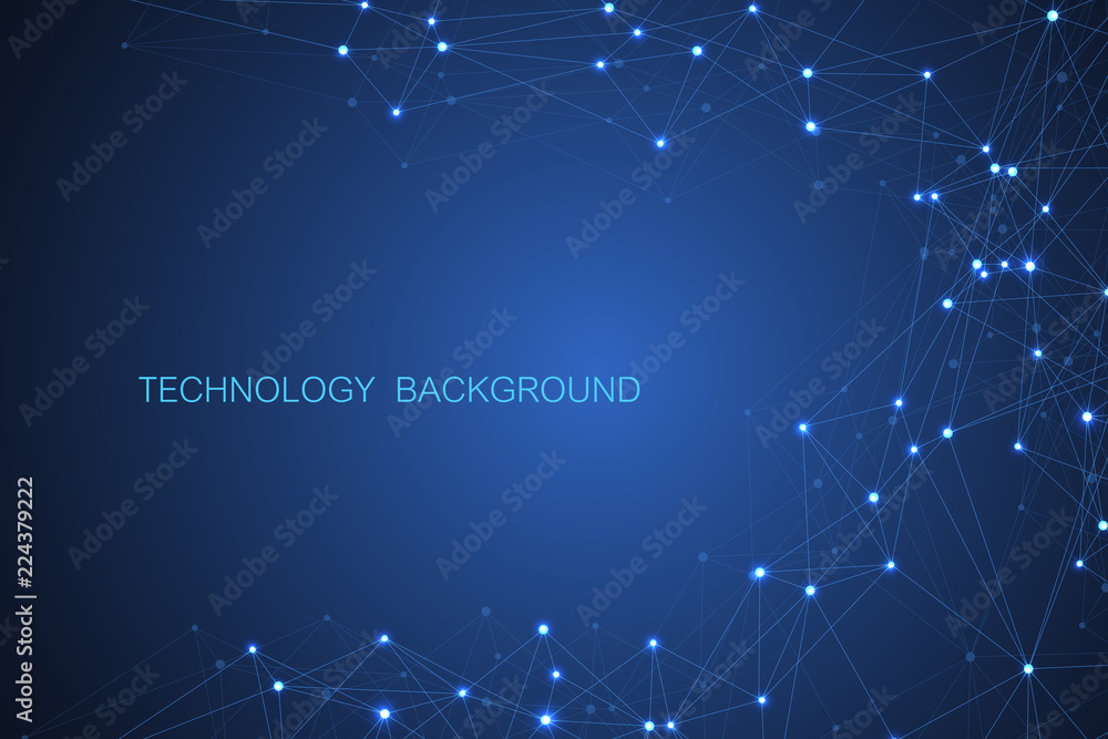 Poster abstract futuristic background. molecules technology with polygonal shapes on dark blue background. 