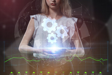 The concept of business, technology, the Internet and the network. A young entrepreneur working on...
