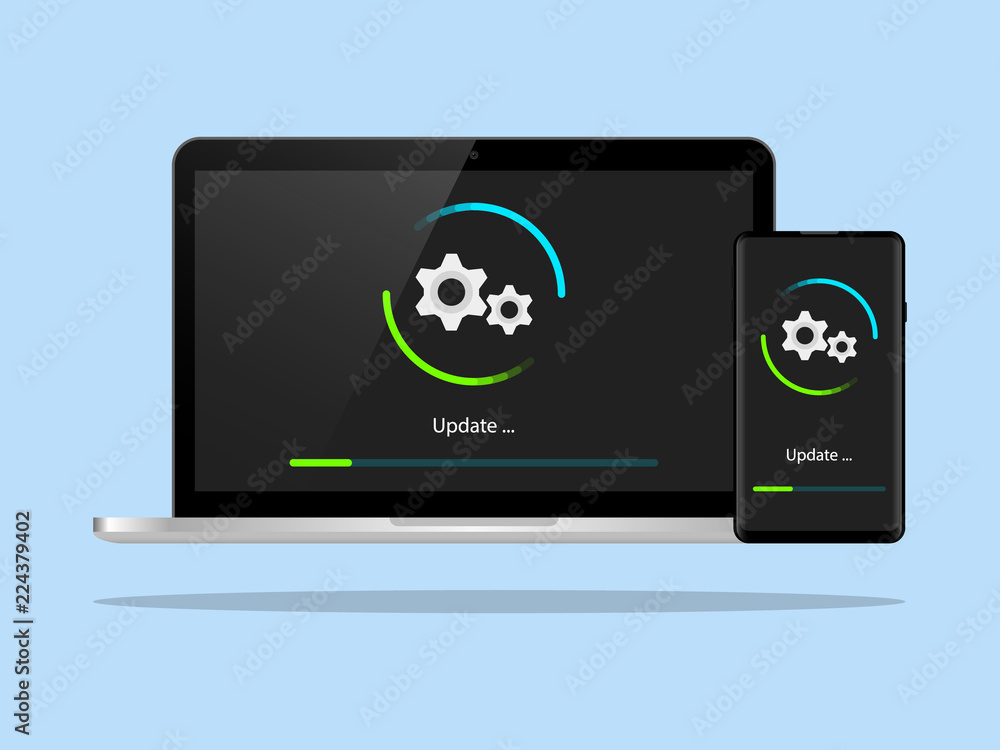 Poster laptop and mobile phone software update in process . illustration in flat style vector icon