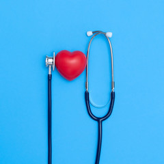 Red heart with stethoscope, Heart health, Health insurance concept, Red heart and a stethoscope on...