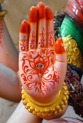 Closeup of Hand of Hindu goddess Parvati i,in blessing pose,in a temple