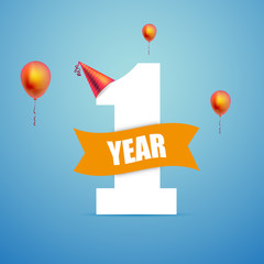 One year anniversary celebration background with red balloons. Party poster or brochure template. Vector illustration.