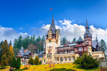 Beautiful Peles Castle in Sinaia, Carpathian Mountains, Romania, Europe.