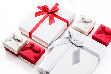 White and red gift boxes isolated on white background.
