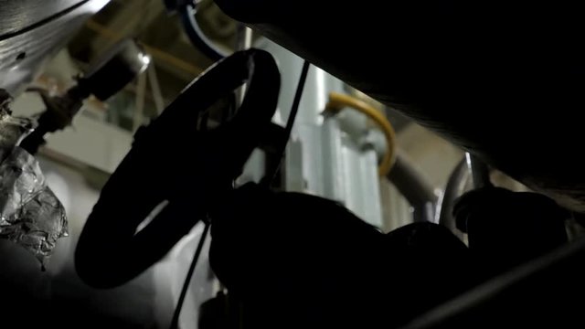 Inside large diesel engine of ship