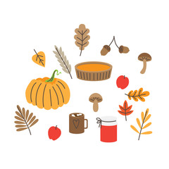 Autumn leaves, mushrooms and acorns, fall forest nature. Pumpkin pie and jam. Thanksgiving set