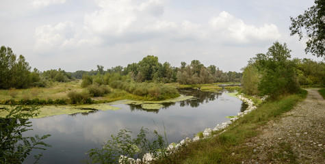 walk near oxbow lake at Ticino river near Bernate, Italy