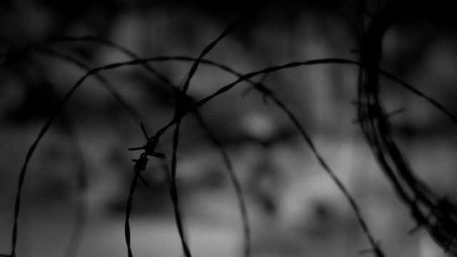 BARBED WIRE CLOSE UP IN BLACK AND WHITE.  4K SLIDER SHOT