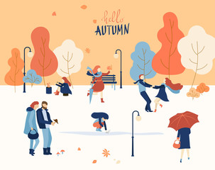 Hello autumn poster. People walk outdoors in park.