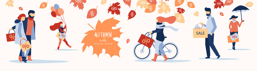 Autumn sale. Promotion banner with people doing shopping and leaves.