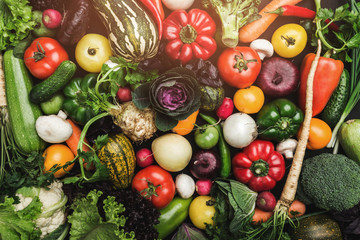 Composition with variety of raw organic vegetables. Balanced diet for a healthy body, top view and light effects