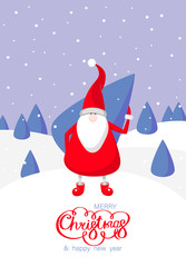 Merry Christmas and Happy New Year card with cartoon Santa Claus.