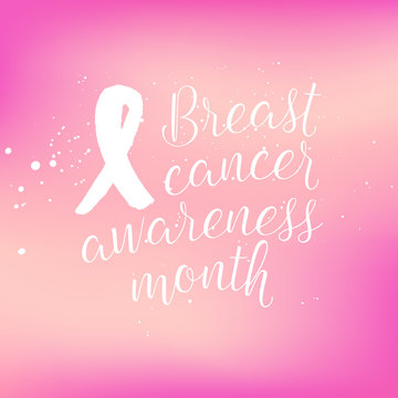 Breast Cancer Awareness Month ribbon, banner, card, element. Vector pink gradient text on white background