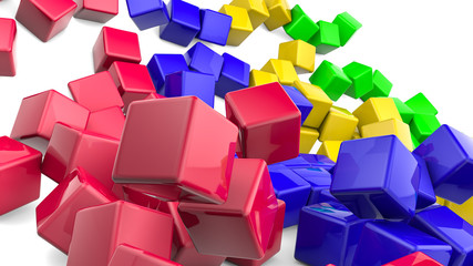 multicolored glossy cubes on a white background. 3D rendering