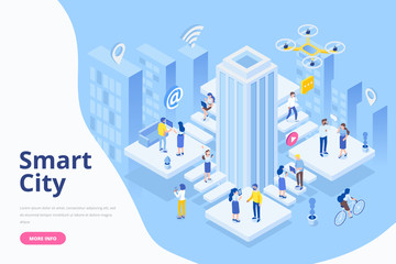 Modern flat design isometric concept of Smart City. Business center with skyscraper. Different people with gadgets. Flat Vector illustration for banner and website.