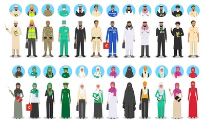 Different muslim Middle East people occupation characters set in flat style. Professions of men and women. Set of avatars icons. Templates for infographic, sites, banners, social networks. Vector.