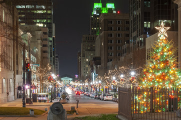 Christmas lighting in downtown Raleigh at night
