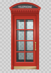 Obraz premium Red classic English telephone booth. Street of London. Facades. Transparency effect.