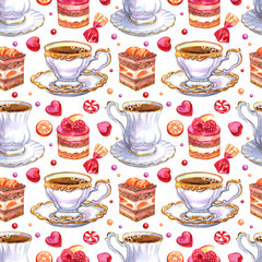 Seamless watercolor pattern of the ancient cups, cakes and sweets on a white background.