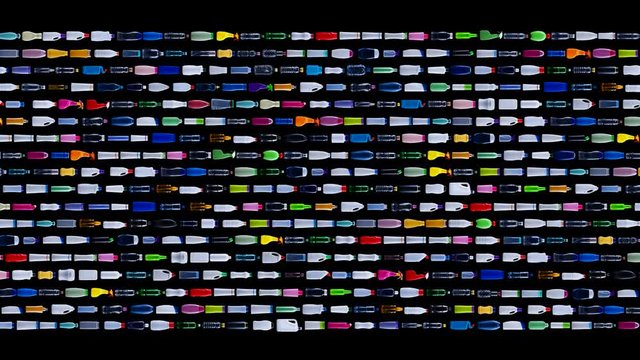 Garbage as an omnipresent threat - plastic bottles moving through screen in orderly lines - ecology threat background