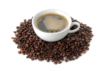 coffee beans in a white cup on a white isolated background
