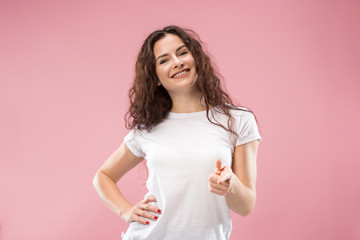 I am ok. Happy business woman, sign ok, smiling, isolated on trendy pink studio background. Beautiful female half-length portrait. Emotional woman. Human emotions, facial expression concept. Front