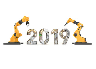 New year 2019 made from mechanical alphabet with robotic arm.